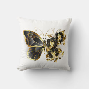 Gold Flower Butterfly met Black Orchid Kussen