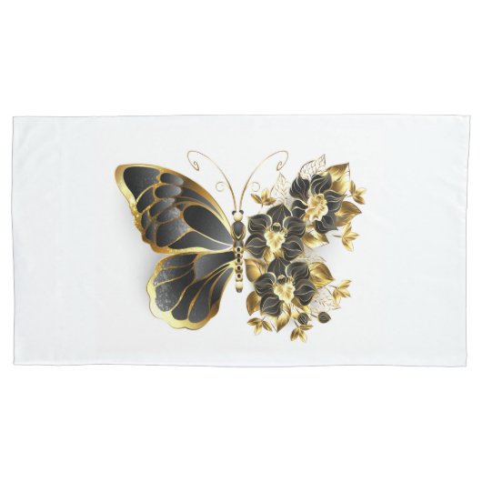 Gold Flower Butterfly met Black Orchid Kussensloop (Voorkant-Links)