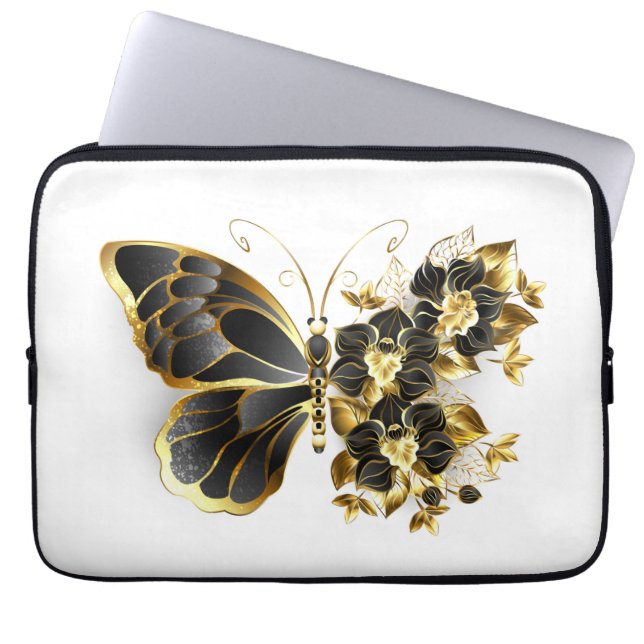 Gold Flower Butterfly met Black Orchid Laptop Sleeve (Voorkant)