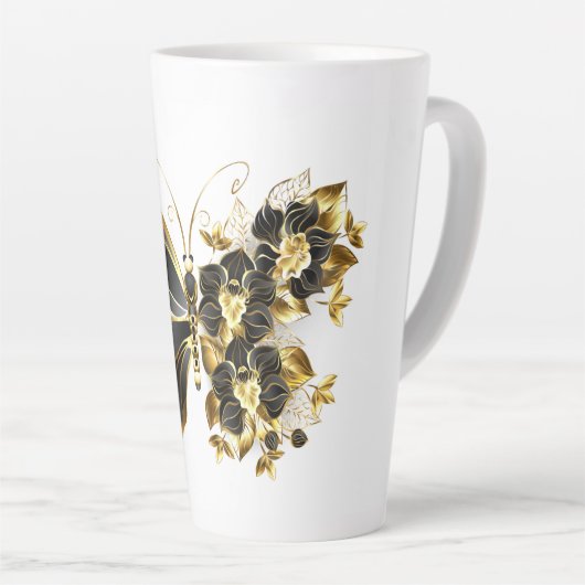 Gold Flower Butterfly met Black Orchid Latte Mok (Rechterhoek)