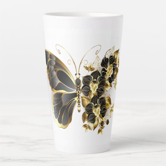 Gold Flower Butterfly met Black Orchid Latte Mok (Voorkant)