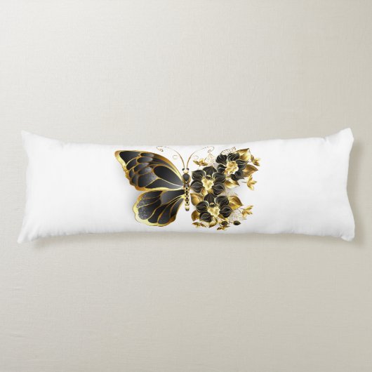 Gold Flower Butterfly met Black Orchid Lichaamskussen (Voorkant)