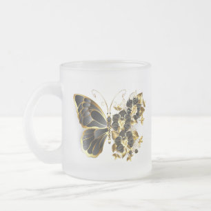 Gold Flower Butterfly met Black Orchid Matglas Koffiemok
