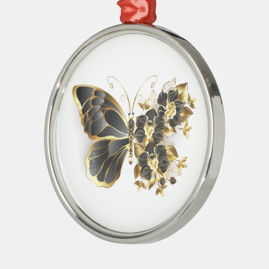 Gold Flower Butterfly met Black Orchid Metalen Ornament (Links)
