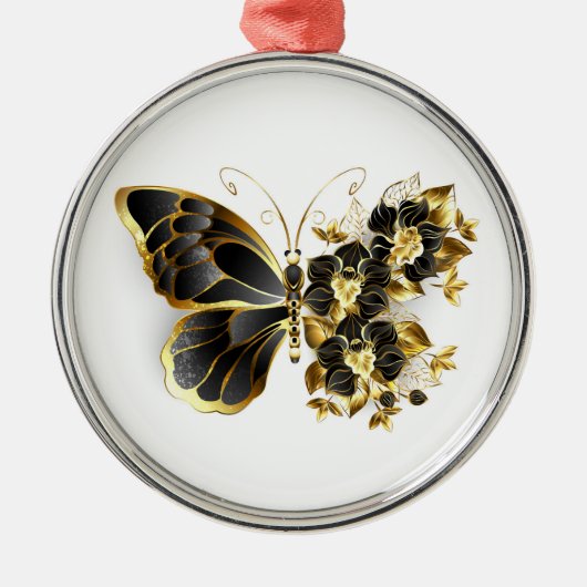 Gold Flower Butterfly met Black Orchid Metalen Ornament (Voorkant)