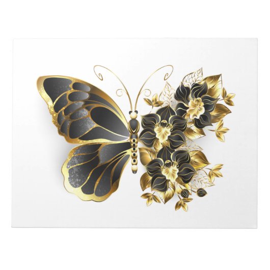 Gold Flower Butterfly met Black Orchid Notitieblok (Voorkant)