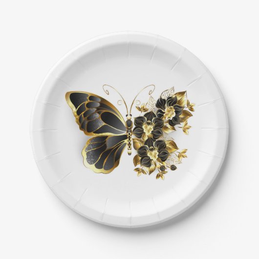 Gold Flower Butterfly met Black Orchid Papieren Bordje (Voorkant)