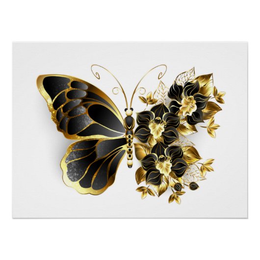 Gold Flower Butterfly met Black Orchid Perfect Poster (Voorkant)