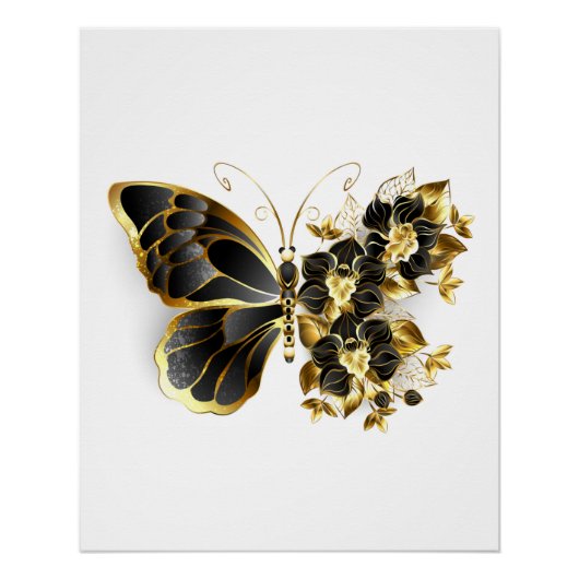 Gold Flower Butterfly met Black Orchid Perfect Poster (Voorkant)
