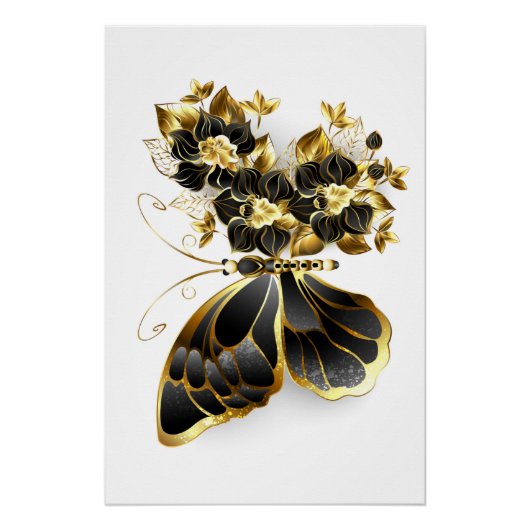 Gold Flower Butterfly met Black Orchid Perfect Poster (Voorkant)