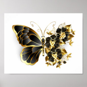 Gold Flower Butterfly met Black Orchid Poster