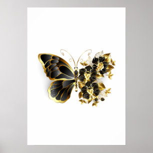 Gold Flower Butterfly met Black Orchid Poster