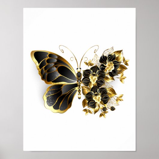 Gold Flower Butterfly met Black Orchid Poster (Voorkant)