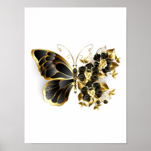 Gold Flower Butterfly met Black Orchid Poster