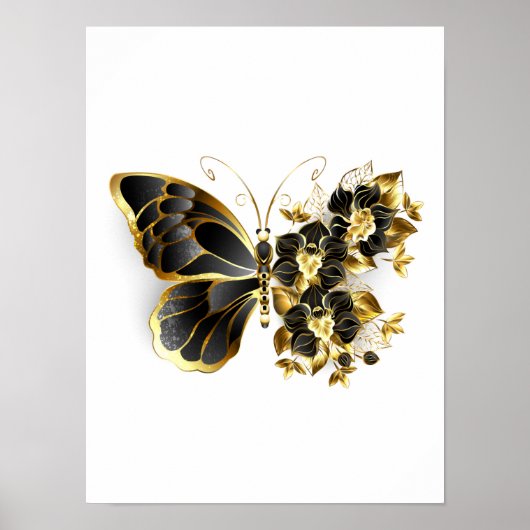Gold Flower Butterfly met Black Orchid Poster (Voorkant)