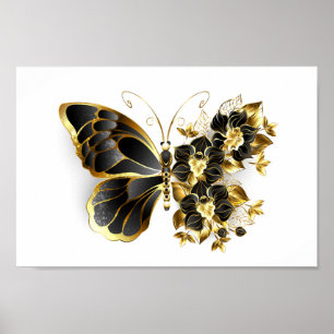 Gold Flower Butterfly met Black Orchid Poster