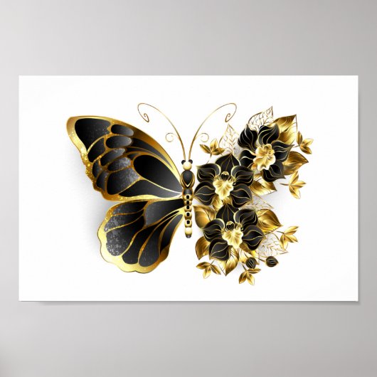 Gold Flower Butterfly met Black Orchid Poster (Voorkant)
