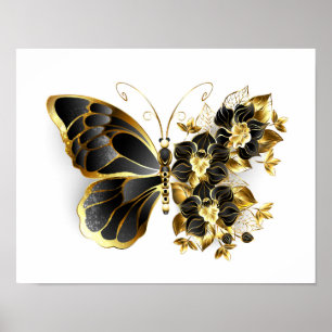 Gold Flower Butterfly met Black Orchid Poster