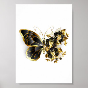 Gold Flower Butterfly met Black Orchid Poster