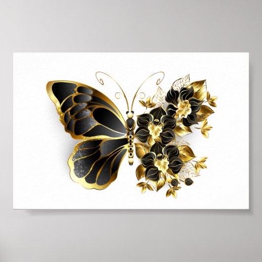 Gold Flower Butterfly met Black Orchid Poster (Voorkant)