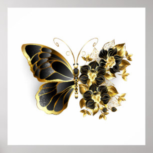 Gold Flower Butterfly met Black Orchid Poster