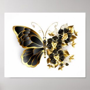Gold Flower Butterfly met Black Orchid Poster