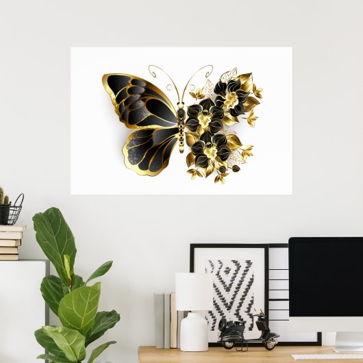 Gold Flower Butterfly met Black Orchid Poster (Thuiskantoor)