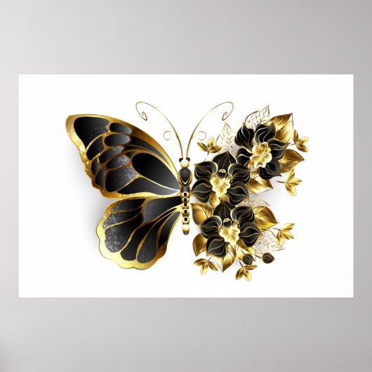 Gold Flower Butterfly met Black Orchid Poster (Voorkant)
