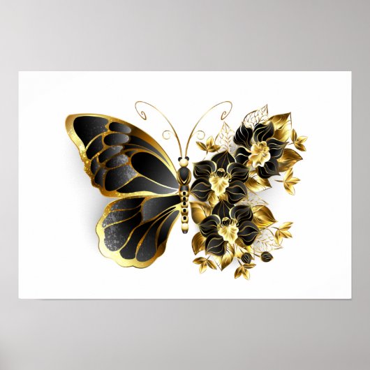 Gold Flower Butterfly met Black Orchid Poster (Voorkant)