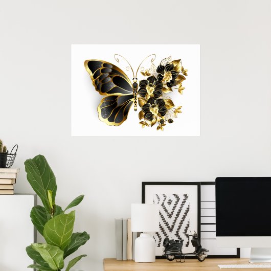 Gold Flower Butterfly met Black Orchid Poster (Thuiskantoor)
