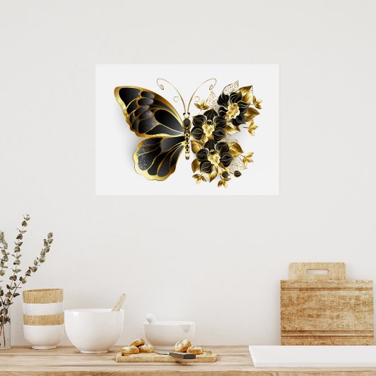 Gold Flower Butterfly met Black Orchid Poster (Keuken)