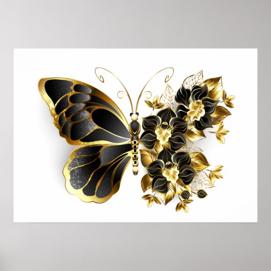 Gold Flower Butterfly met Black Orchid Poster (Voorkant)