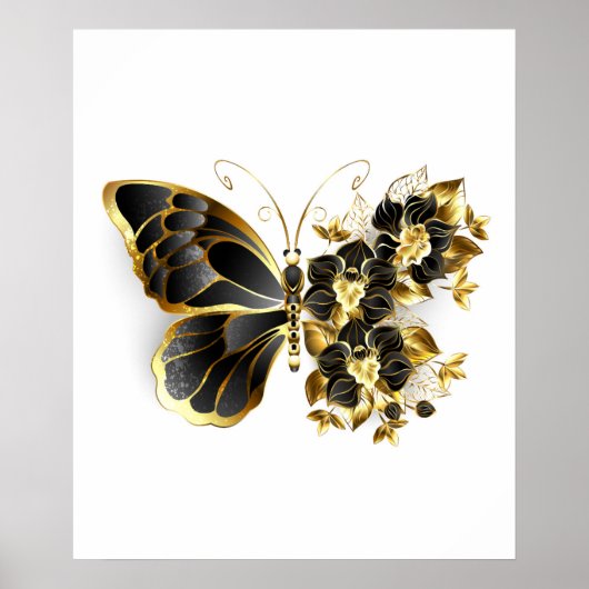 Gold Flower Butterfly met Black Orchid Poster (Voorkant)