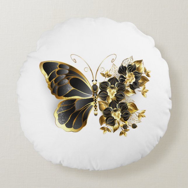 Gold Flower Butterfly met Black Orchid Rond Kussen (Voorkant)