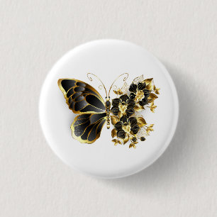 Gold Flower Butterfly met Black Orchid Ronde Button 3,2 Cm