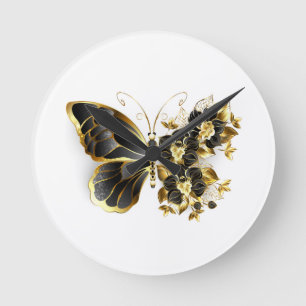 Gold Flower Butterfly met Black Orchid Ronde Klok