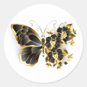 Gold Flower Butterfly met Black Orchid Ronde Sticker