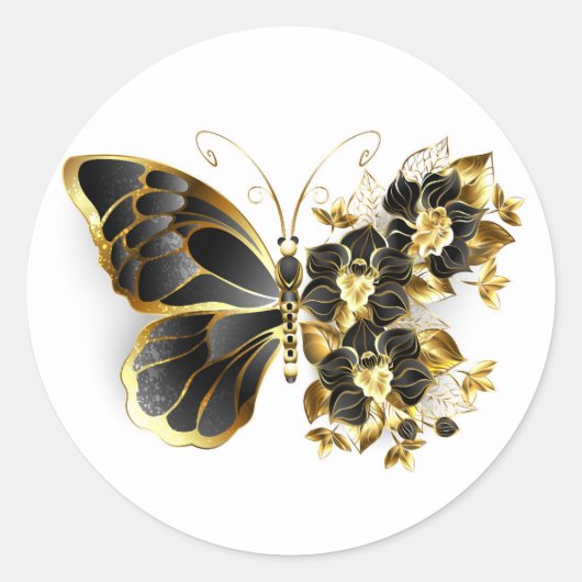 Gold Flower Butterfly met Black Orchid Ronde Sticker (Voorkant)