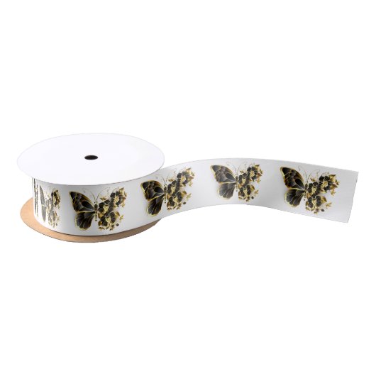 Gold Flower Butterfly met Black Orchid Satijnen Lint (Spoel)