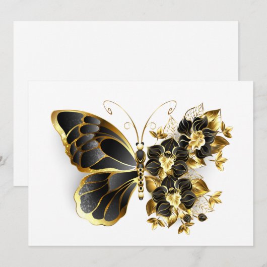 Gold Flower Butterfly met Black Orchid Save The Date (Voorkant / Achterkant)