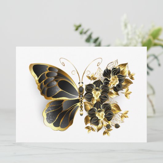 Gold Flower Butterfly met Black Orchid Save The Date (Staand voorkant)