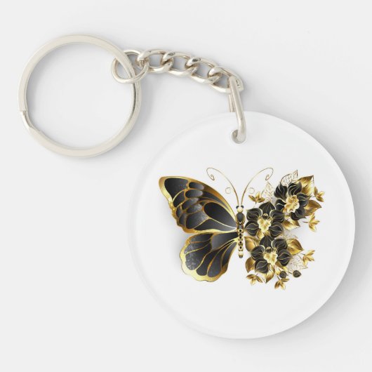 Gold Flower Butterfly met Black Orchid Sleutelhanger (Voorkant)