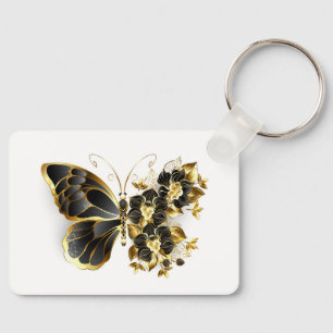 Gold Flower Butterfly met Black Orchid Sleutelhanger