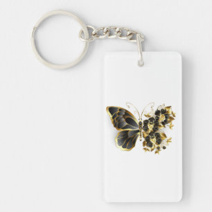 Gold Flower Butterfly met Black Orchid Sleutelhanger