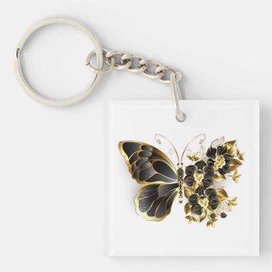 Gold Flower Butterfly met Black Orchid Sleutelhanger (voorkant)
