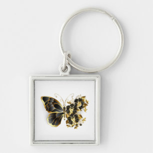 Gold Flower Butterfly met Black Orchid Sleutelhanger