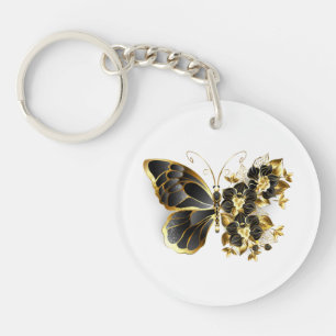 Gold Flower Butterfly met Black Orchid Sleutelhanger