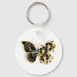 Gold Flower Butterfly met Black Orchid Sleutelhanger