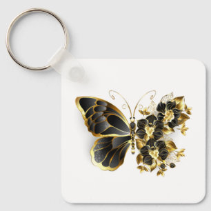 Gold Flower Butterfly met Black Orchid Sleutelhanger