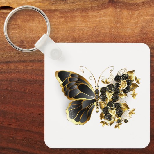 Gold Flower Butterfly met Black Orchid Sleutelhanger (Voorkant)